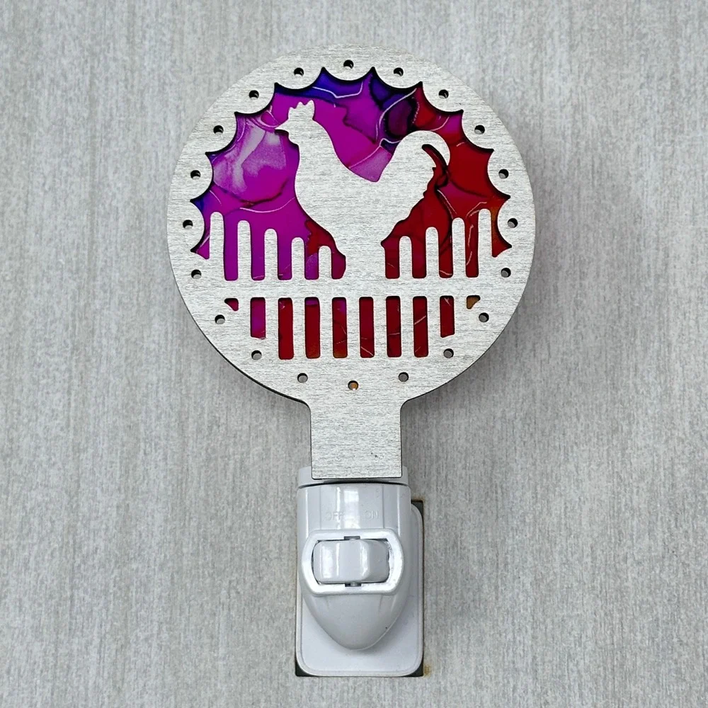 Rooster Handmade Night Light Alcohol Ink Purple Red Farmhouse Wall Plug-In - Picture 3 of 7